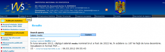 salariul mediu brut in romania 2012 sursa institutul national de statistica