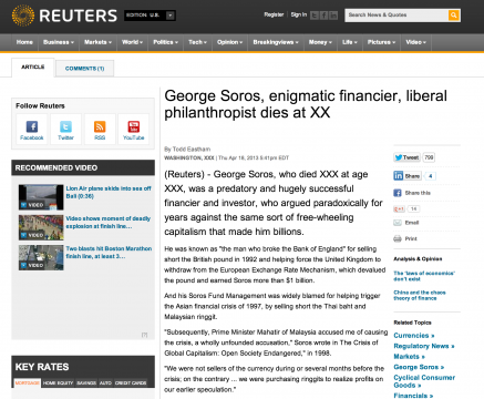 George Soros Killed by Reuters 