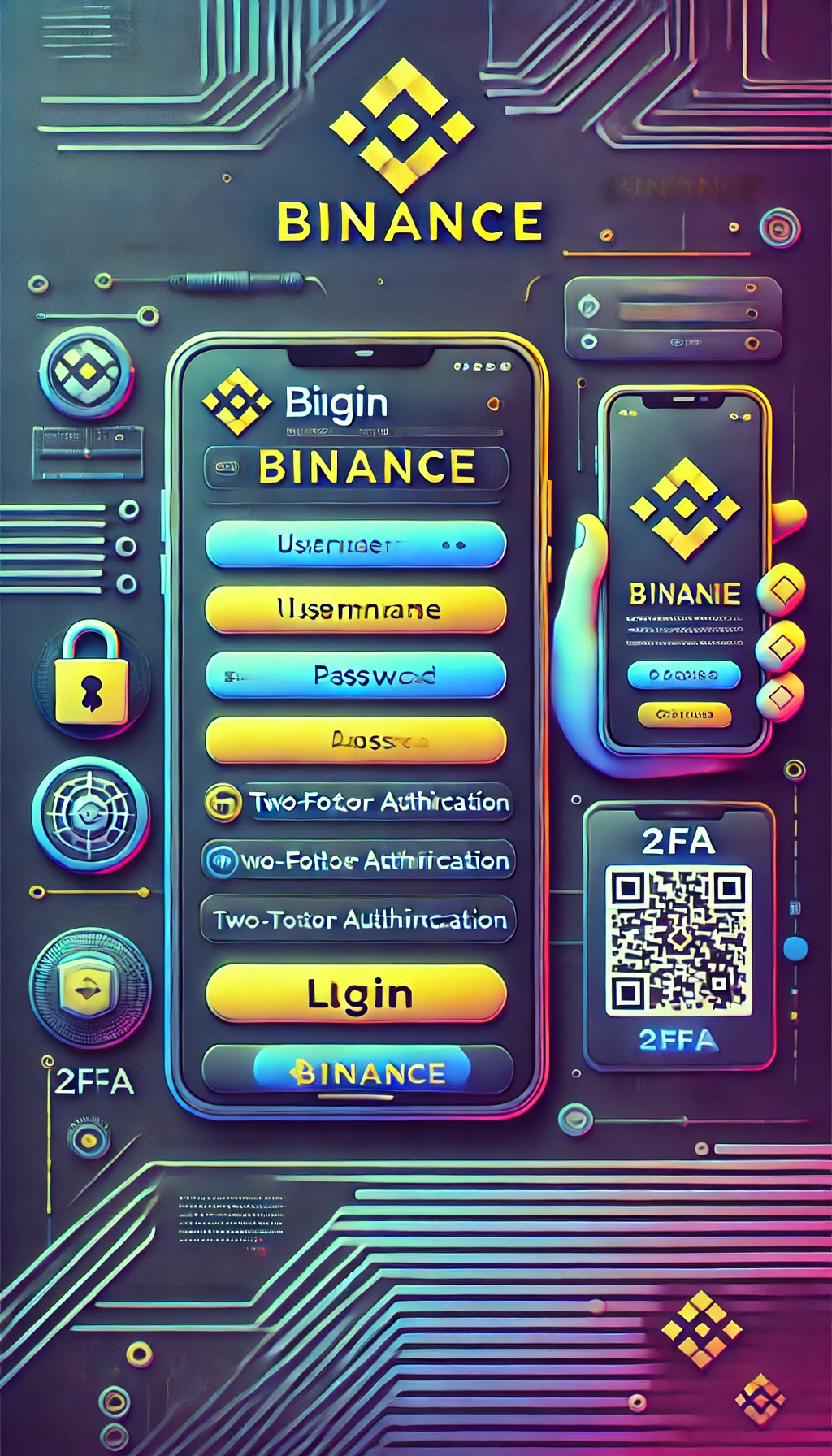 DALL·E 2024 06 28 11.10.40 A login page for Binance featuring multiple layers of security. The design should be modern and sleek with a dark background and vibrant accents. The